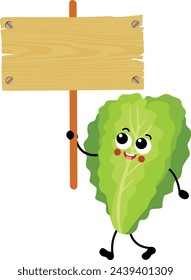 Funny lettuce mascot holding a wooden sign