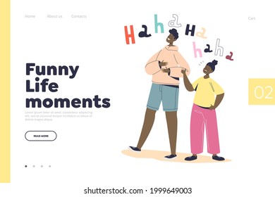 Funny life moments landing page with cheerful boy and girl laughing tell stories or joking. Overjoyed man and woman laugh out loud, friends communicate have fun. Cartoon flat vector illustration