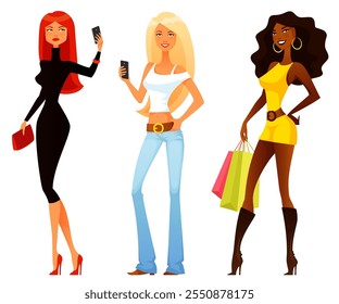 ilustração de estilo de vida engraçado de mulheres jovens na moda usando telefones celulares ou indo às compras. Personagens estilizados de desenho animado. Isolado no branco.