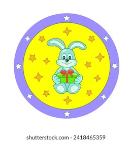 A funny light blue cartoon rabbit in a yellow circle with stars on a white background holds a green gift box. Stickers and vector icons. Holidays, gifts and promotions. Vector illustration.