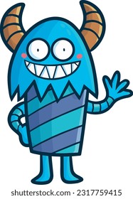 Funny light blue monster cartoon illustration smiling happily