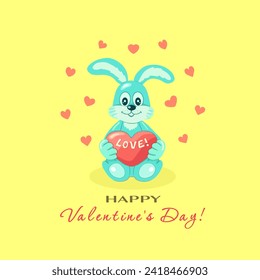 Un divertido conejo azul claro sostiene un corazón rojo con la inscripción LOVE y la inscripción Happy VALENTINE'S DAY en un fondo amarillo con corazones rojos. Regalos y tarjetas de felicitación. Ilustración vectorial.