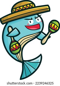 Funny light blue whale wearing mexican hat and maraccas. Ready to enteraint with cool music.