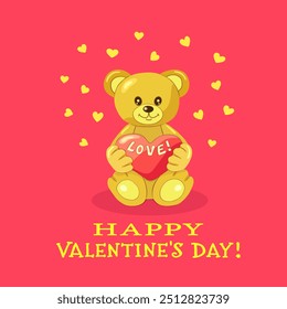 A funny light brown bear cub holds a red heart with the inscription LOVE on a square bright pink background background with hearts and the inscription Happy VALENTINE's DAY. Vector illustration.