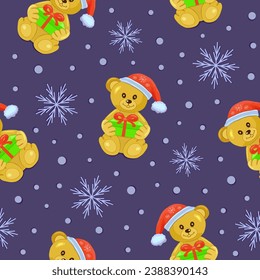 Funny light brown cartoon bear in a red cap with a green gift box on a dark purple background with snowflakes and snow. Seamless pattern. New Year and Christmas. Print on fabric. Vector illustration.
