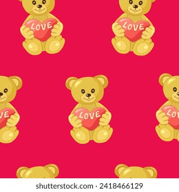Funny light brown cubs or bears are holding a red heart with the inscription LOVE on a bright pink background. Seamless pattern. Wrapping paper, holidays and gifts. Valentine's day.Vector illustration