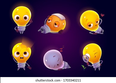 Funny light bulbs characters set. Sad and happy glowing, smiling, sleeping and fall in love, diseased and searching plant emotion, lamps isolated on dark background. Cartoon vector illustration, icon