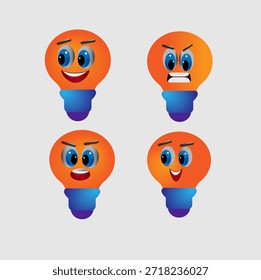 Engraçado conjunto de caracteres de lâmpadas elétricas. Triste e feliz brilhando, sorrindo, dormindo e se apaixonar, doente e procurando emoção vegetal, lâmpadas isoladas no fundo escuro. Ilustração de vetor de desenhos animados, ícone