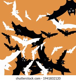 Funny Light Chaos Retro Halloween Modern Design. Print Attack Spooky White Modern Style Simple Art. Black Orange Faces Bats Vector Illustration. Grey Creepy Motion Scary Art Flying Bats Fabrics.