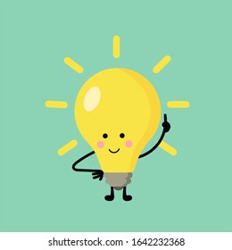 Funny lightbulb on blue background. Yellow smile bulb with legs, hands and face. Vector illustration. Idea elements.  Flat and cartoon style. For web, design, graphic. 