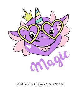 Funny lilac head dragon on a white isolated background. Birthday card