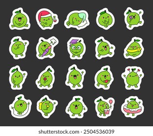 Funny lime with different emotions. Sticker Bookmark. Cute cartoon fruit. Hand drawn style. Vector drawing. Collection of design elements.