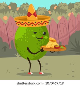 Funny Lime in sombrero holds a wooden cutting board with mexican food. Cute vector cartoon character of fruit on a backyard.