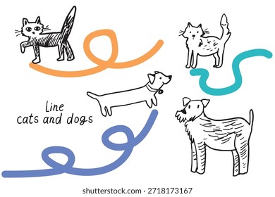 Ilustraciones divertidas de gatos y perros. Para niños Vector dibujado a mano conjunto.