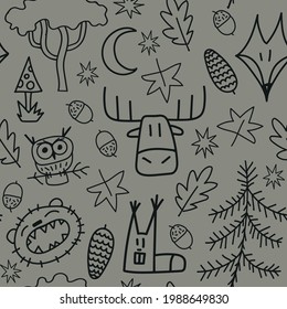funny line drawing with wild animals. textile print or wallpaper. seamless pattern. vector.