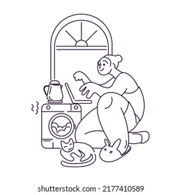 
ilustración lineal divertida sobre el tema de trabajar desde casa con una chica estilizada sentada en una computadora en la cocina con un gato cerca de la ventana y electrodomésticos