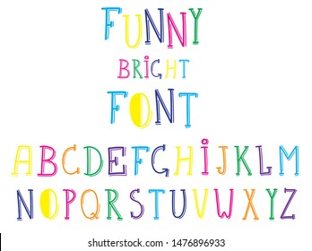 Funny lined font. Elongated cute letters. Alphabet with thin lines and bright colors. Cool kids abc for children. Customized font for logo, label, book cover.
