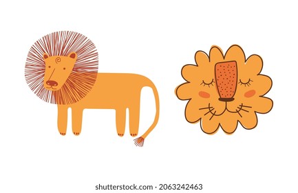 Funny Lion as African Animal with Mane Doodle Vector Set