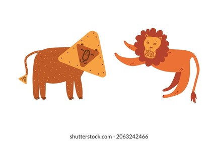 Funny Lion as African Animal with Mane Doodle Vector Set
