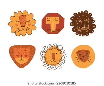 Funny Lion as African Animal with Mane Doodle Vector Set