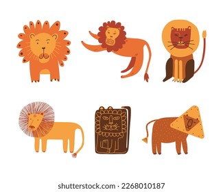 Funny Lion as African Animal with Mane Doodle Vector Set