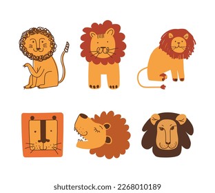 Funny Lion as African Animal with Mane Doodle Vector Set