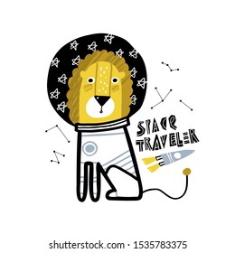 Funny lion astronaut illustration. Can be used for t-shirt print, kids wear fashion design, baby card.