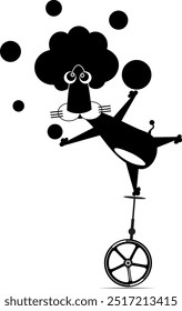 Funny lion balances on the unicycle. 
Cartoon lion balances on unicycle and juggles the balls. Black and white illustration
