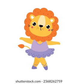 Funny Lion Ballet Dancing in Skirt and Pointe Shoes Vector Illustration