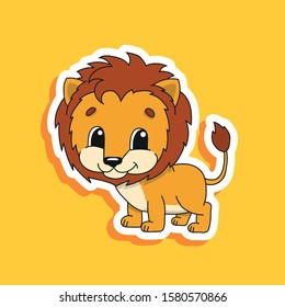 Funny lion. Bright color sticker of a cute cartoon character. Flat vector illustration isolated on color background. Design element.