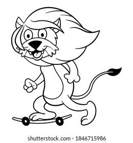 Funny Lion Cartoon Characters playing skateboarding, best for coloring book of children with vintage themes