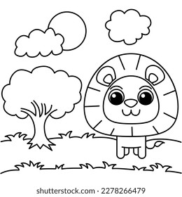 Funny lion cartoon characters vector illustration. For kids coloring book.