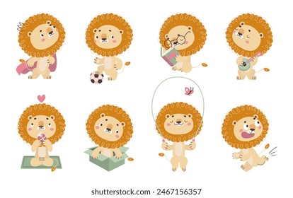 Funny lion. Cartoon cute lions childish mascots in different poses. Animal play ball, read book, jumping rope and running, nowaday vector set