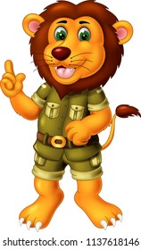 funny lion cartoon standing with smile and pointing