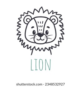 funny lion, cartoon style. Flat animal. Doodle illustration of llion head for cards, magazins, banners. Vector