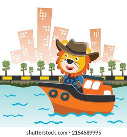 Funny lion cartoon vector on little boat with cartoon style. Creative vector childish background for fabric, textile, nursery wallpaper, poster, card, brochure. and other decoration.
