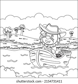 Funny lion cartoon vector on little boat with cartoon style, Trendy children graphic with Line Art Design Hand Drawing Sketch For Adult And Kids Coloring book or page