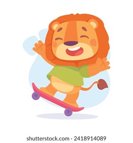 Funny Lion Character Enjoy Ride Skateboard Vector Illustration