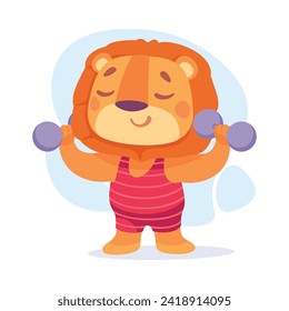 Funny Lion Character Lifting Dumbbell Do Sport Vector Illustration