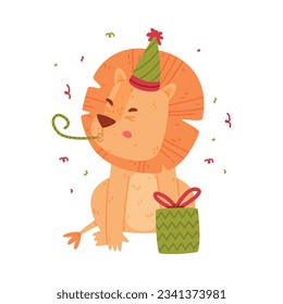 Funny Lion Character with Mane Blowing Whistle in Birthday Hat with Gift Box Vector Illustration