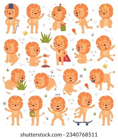 Funny Lion Character with Mane Engaged in Different Activity Vector Set