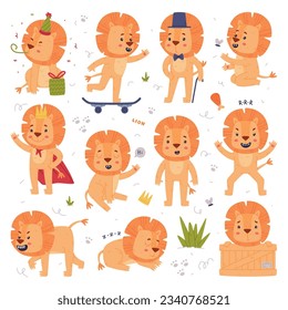 Funny Lion Character with Mane Engaged in Different Activity Vector Set