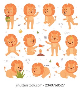 Funny Lion Character with Mane Engaged in Different Activity Vector Set