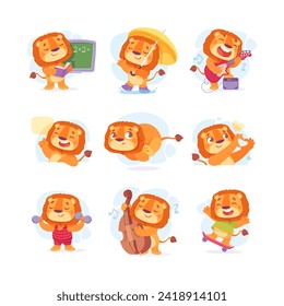 Funny Lion Character with Mane Engaged in Different Activity Vector Illustration Set