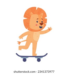 Funny Lion Character with Mane Enjoying Skateboard Ride Vector Illustration