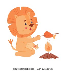 Funny Lion Character with Mane Frying Chicken Leg at Bonfire Vector Illustration