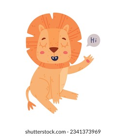 Funny Lion Character with Mane Greeting Saying Hi Vector Illustration