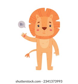 Funny Lion Character with Mane Greeting Saying Hi Vector Illustration