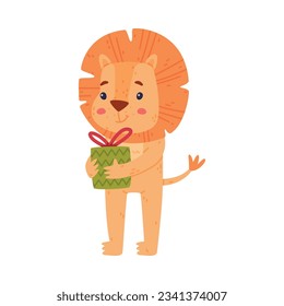 Funny Lion Character with Mane Holding Gift Box Vector Illustration