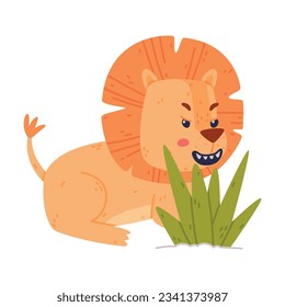 Funny Lion Character with Mane Roaring Sitting Behind Green Grass Vector Illustration